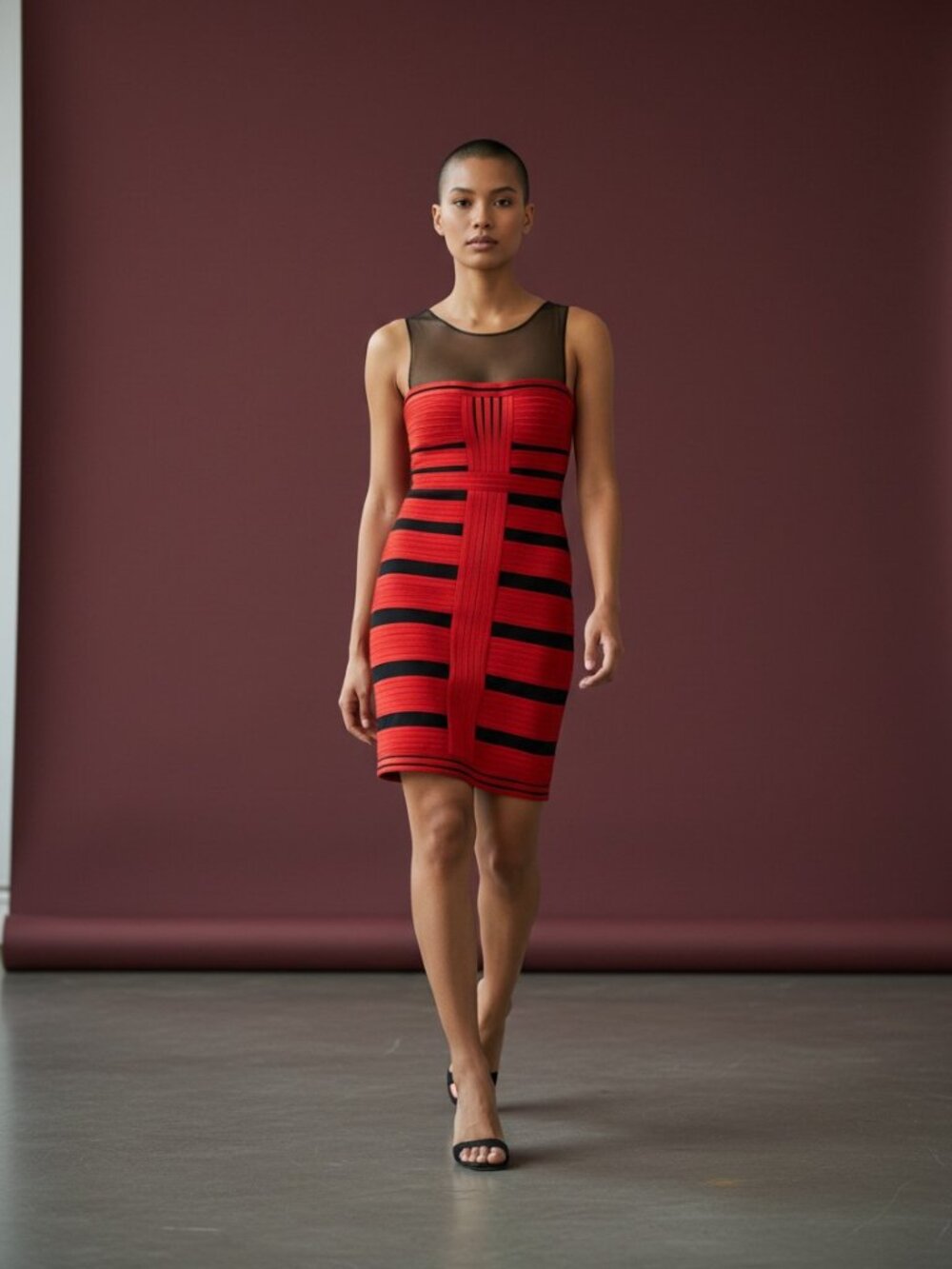 BCBGMaxAzria Brenda Red Satin Mesh Panel Bandage Bodycon Dress 6